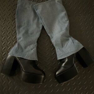 Fashion Nova Black Heeled Boots with Denim Overlay